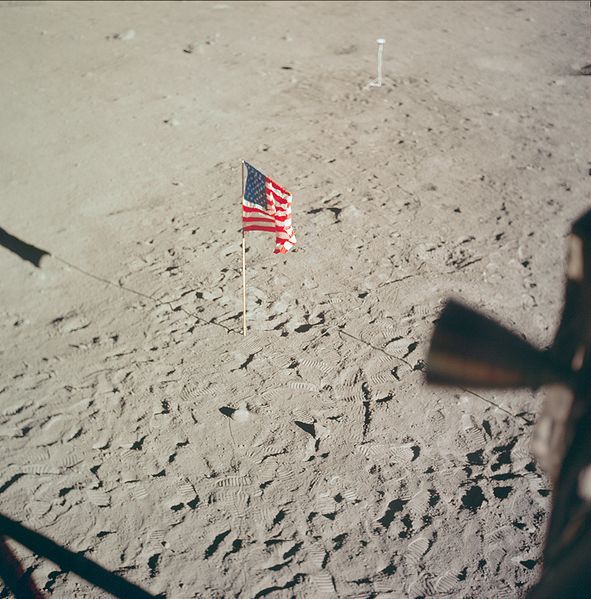 The flag of the United States seen from inside the Lunar Module.jpg